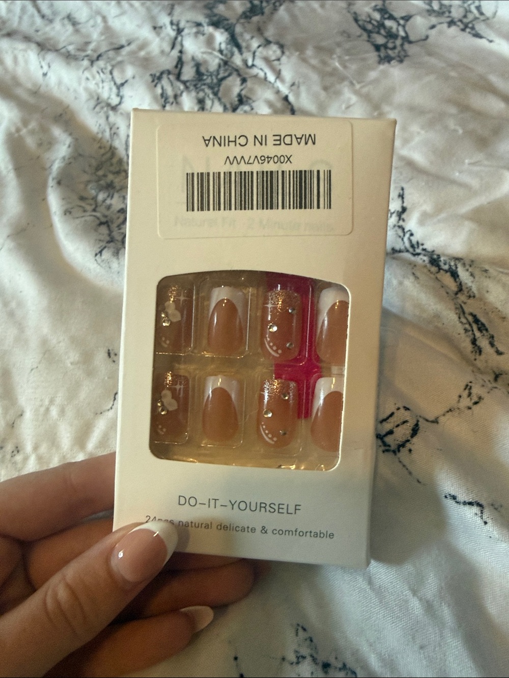 Nude Press-On Nails with Rhinestone Accent - Beige